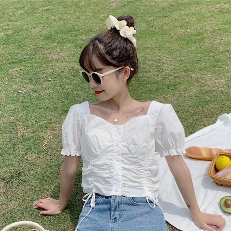 2021 summer new short sleeve drawstring blouse square collar front buttons design solid color tops shirts women | Женская одежда