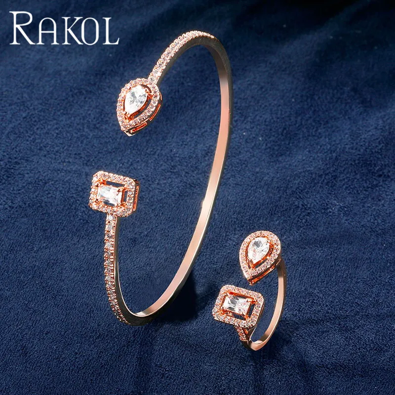 Set Rose Gold RAKOL Гладкий минималистский дизайн с кубическим цирконием браслеты из колец комплект ювелирных изделий женщина свадебное платье аксессуары RS03046 - Окраска металла: Set Rose Gold