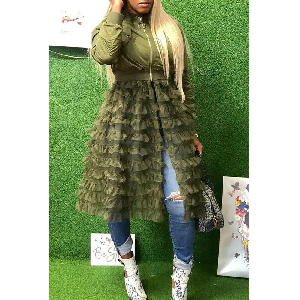 

Women Jacket Fashion Solid Color Long Sleeve Womens Jackets Lace Ruffles Mesh Stitching Suit Elegant Overcoat Long Jackets