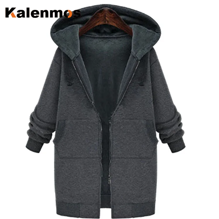 Большие размеры Long длинные зимние толстовки для женщин с карманами на молнии