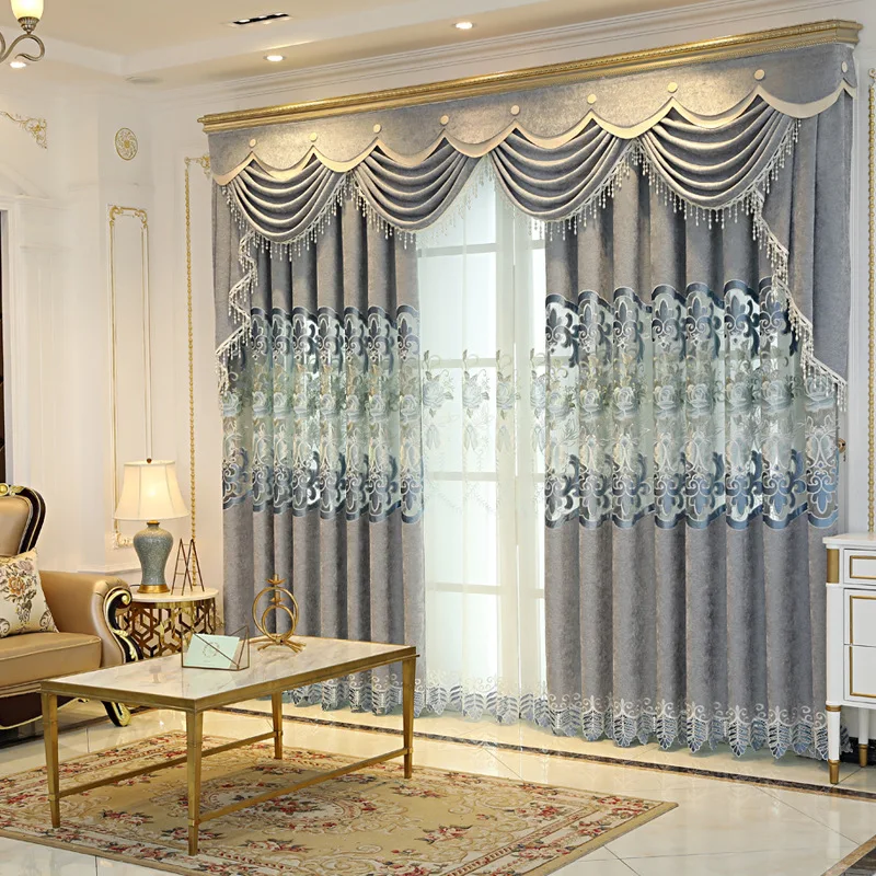 

European-style Gray Hollow Embroidered Chenille Curtains for Living Room Bedroom Jacquard Semi-shading Romantic Elegant Curtain