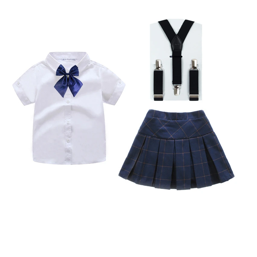

Kids Kindergarten Primary School Student Uniform Set Kawaii Girl Cotton Short Shirt Strap Plaid Skirt Chorus Stage Clothing 4PCS