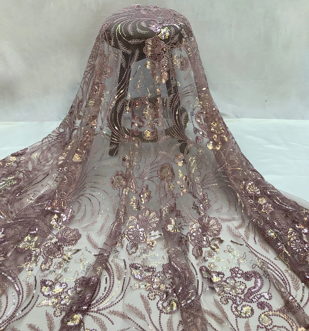 

High Quality Lace Tulle Fabric Sequins Beads Tube Craft Embroidery Sewing DIY Wedding Dress Bridal Gown Trim 5 Yards