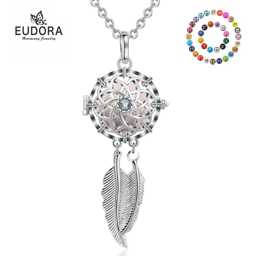 EUDORA 16mm Crystal Sun Flower cage Locket Harmony Ball Pregnancy Pendant Necklace fit Sound Mexico ball or lava stone Ball K261