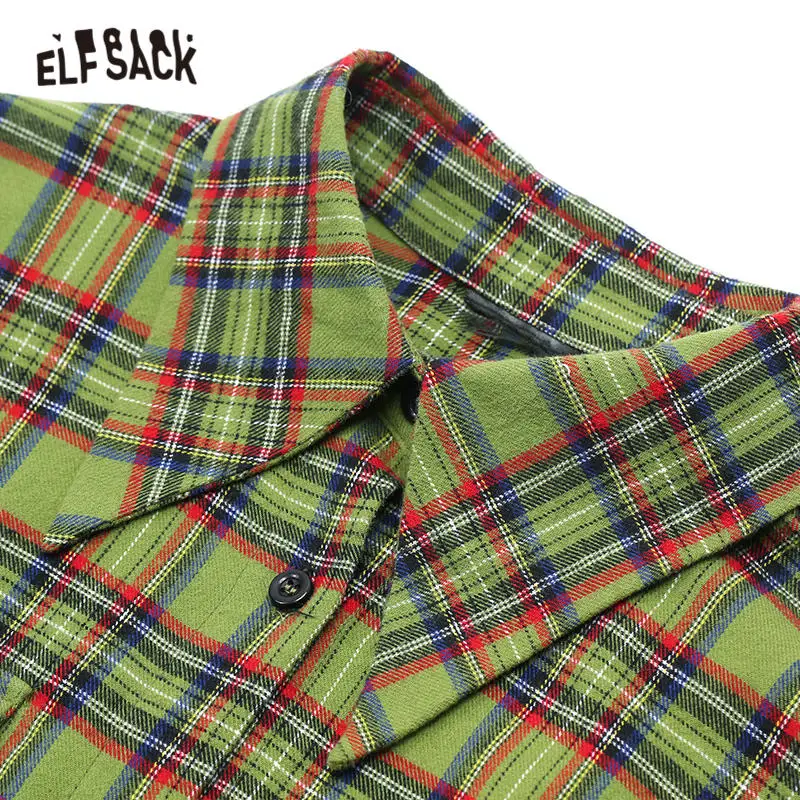 ELFSACK, Клетчатая блуза с графикой на спине, женская рубашка, осень, однобортная, с заниженным плечом, на шнуровке, с рукавом, женские топы