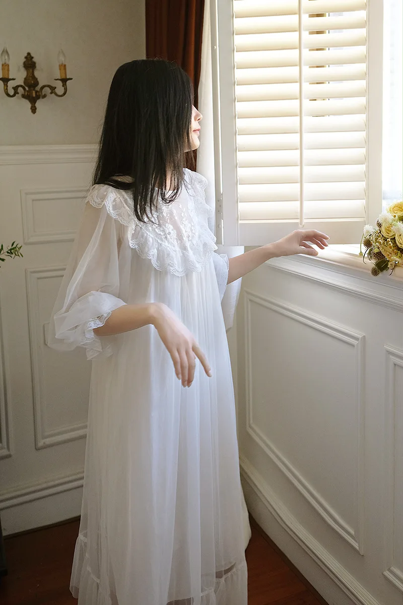 

Nighdress Spring Princess Style Lace Mesh Vintage Court Nightgown Round Neck Lantern Sleeve Loose Plus Size Long Sleeping Dress