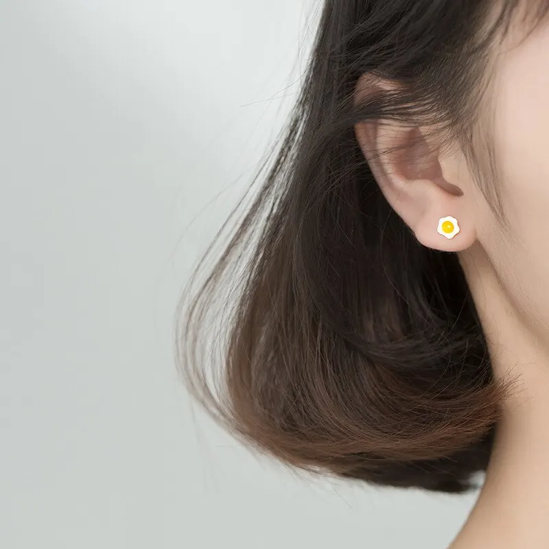 

A00359 Jazaz Lovely Cute Mini Egg Cutlery Stud Earrings for Women Genuine 925 Sterling Silver Creative Korean Teen Party Jewelry