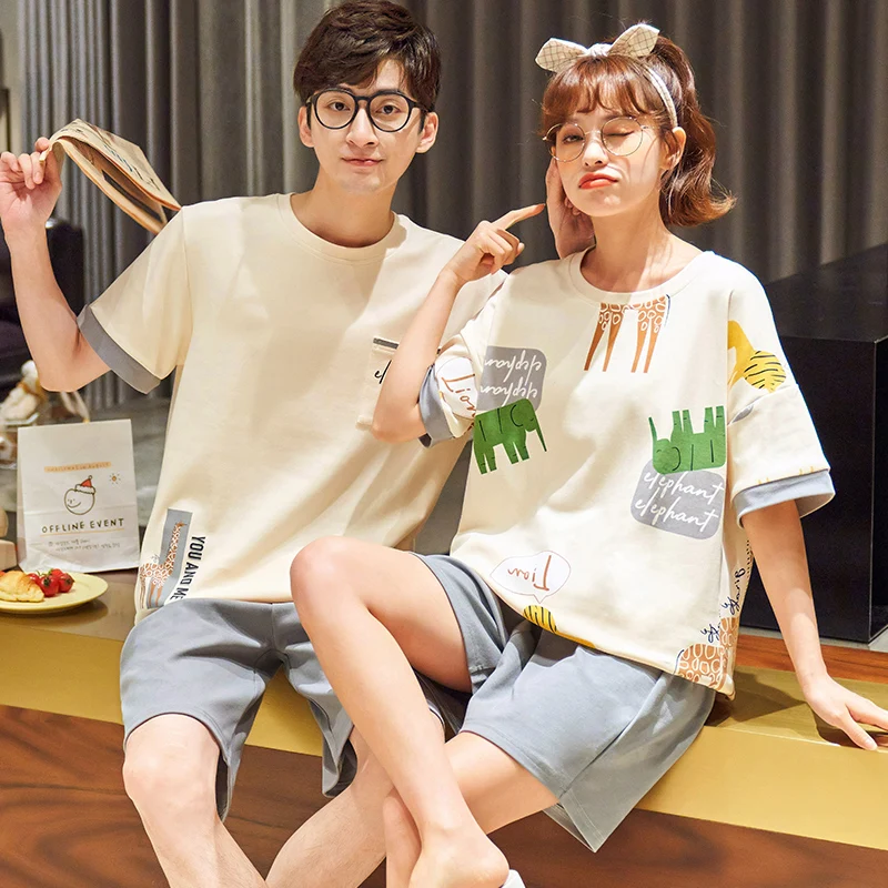 

BZEL Couple Pijamas Set Cotton Women's Pajamas Summer Home Suit Cartoon Sleepwear Loose Pyjamas Lovers Nightwear Gifts For Girls