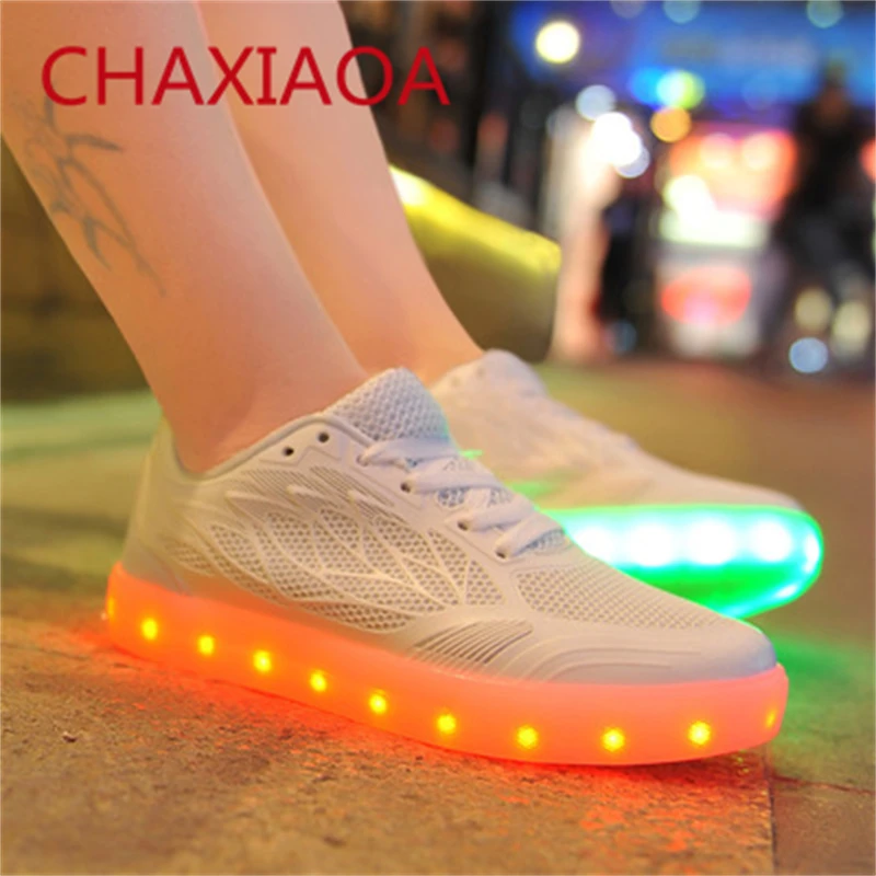 

USB Charger Glowing Women Sneakers Led Casual Flats Shoes Mesh Breathable Outdoor Running Shoes Woman Lace Up Luminous Sneakers