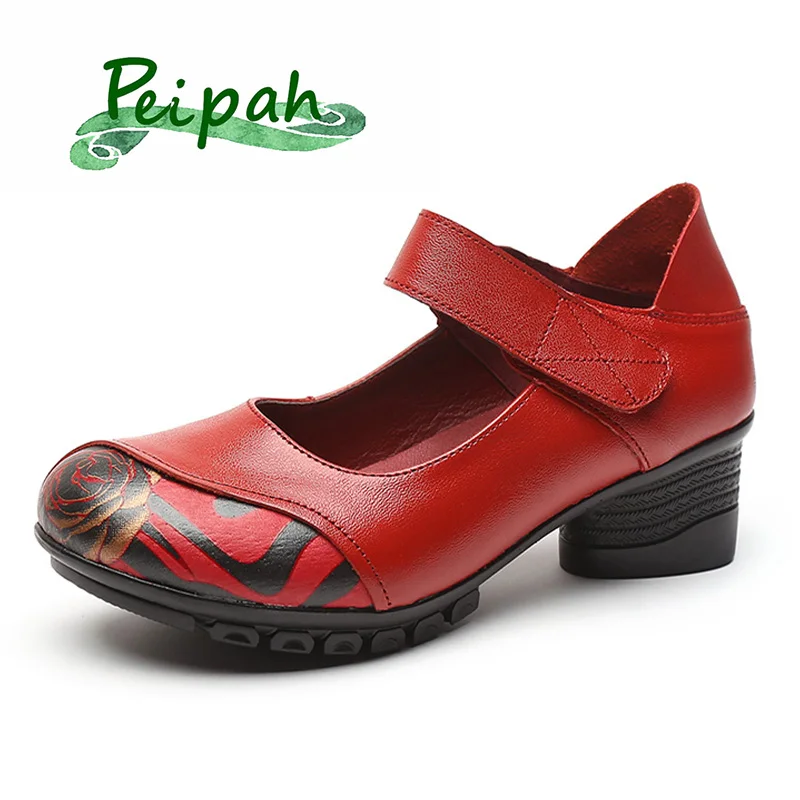 

Женские туфли-лодочки из натуральной кожи PEIPAH, туфли с цветочным принтом и круглым носком на толстом каблуке, весна-лето 2020