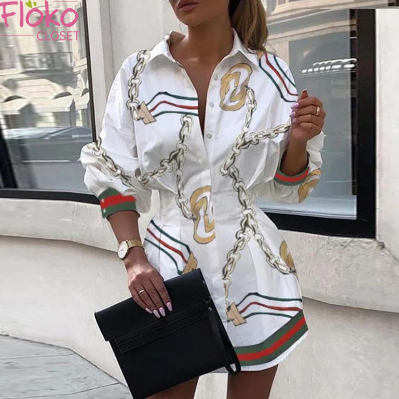 

Осеннее офисное платье-рубашка Flokocloset для женщин, элегантное вечернее вечерние с принтом цепей, повседневное мини-платье с отложным воротни...