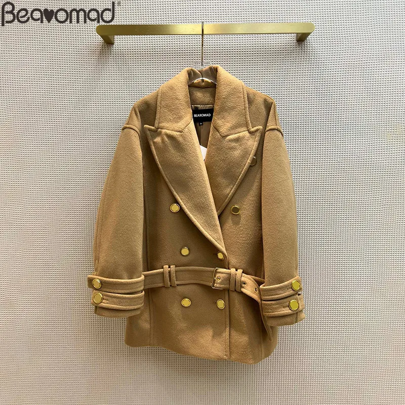 

Женское длинное пальто с поясом Bearomad, однотонное двубортное пальто цвета шампанского с лацканами, Свободное пальто на осень