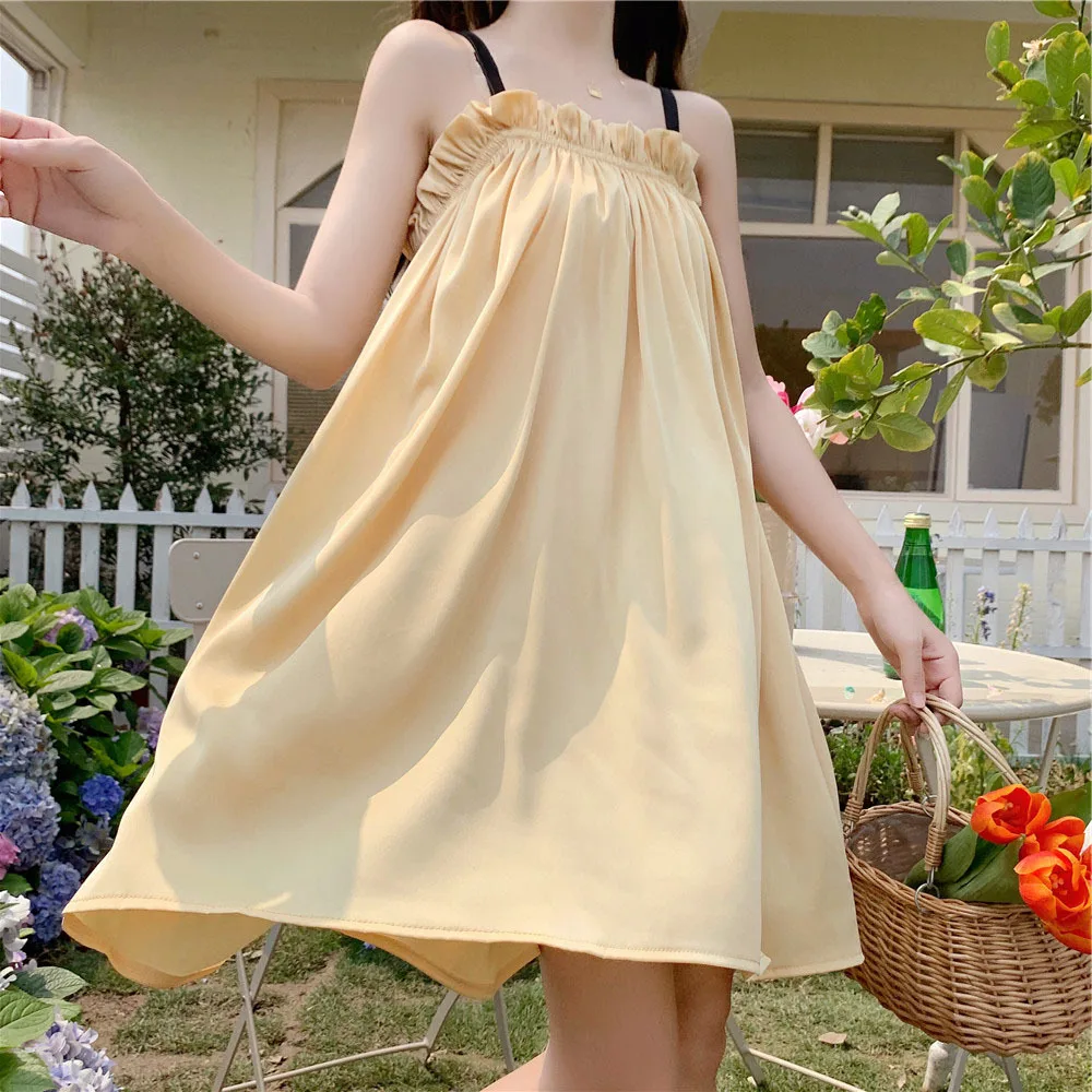 2021 Summer New Sexy Sling Nightdress Women's Fungus Side Backless Lace Nightgown Loose Home Clothes Female Sleepwear Nightwear