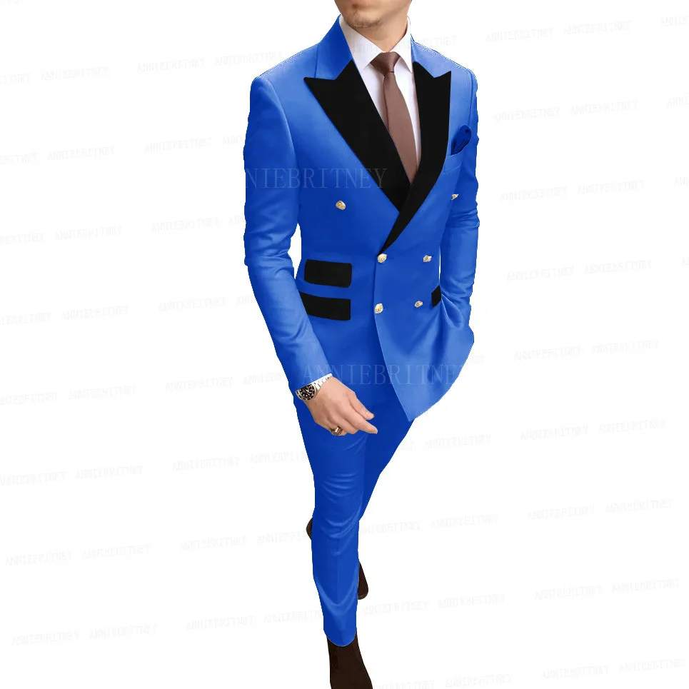 

Двубортный мужской костюм Королевского синего цвета, вечерние свадебные костюмы для жениха, смокинг на заказ, черный бархатный блейзер с ла...