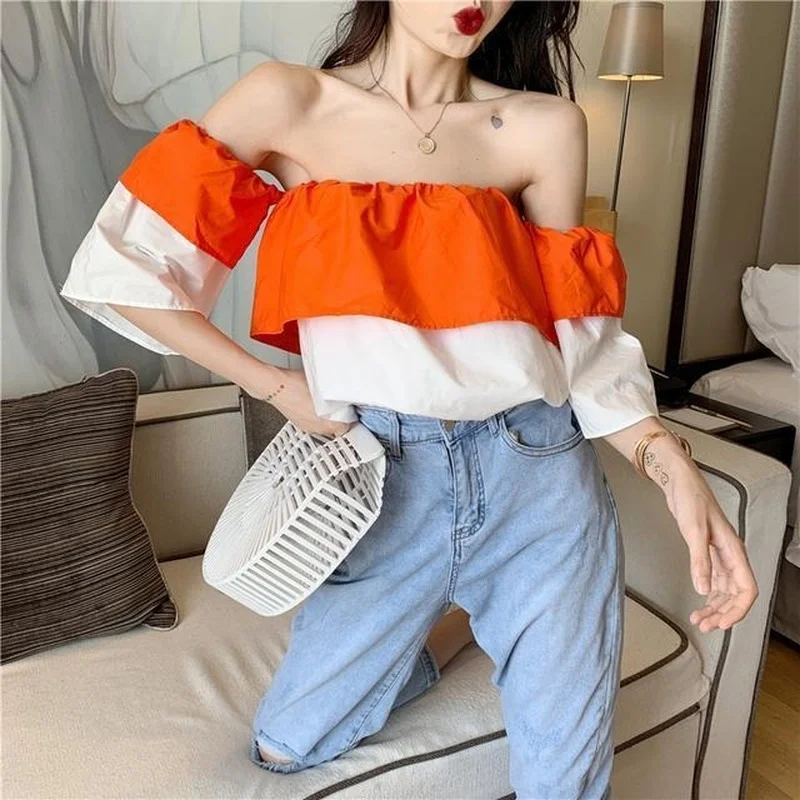 

2021 Korean Fashion Patchwork Shirt Women Off Shoulder Top Short Sleeve Vintage Blouse Loose Puff Sleeves Ladies Tops Y551