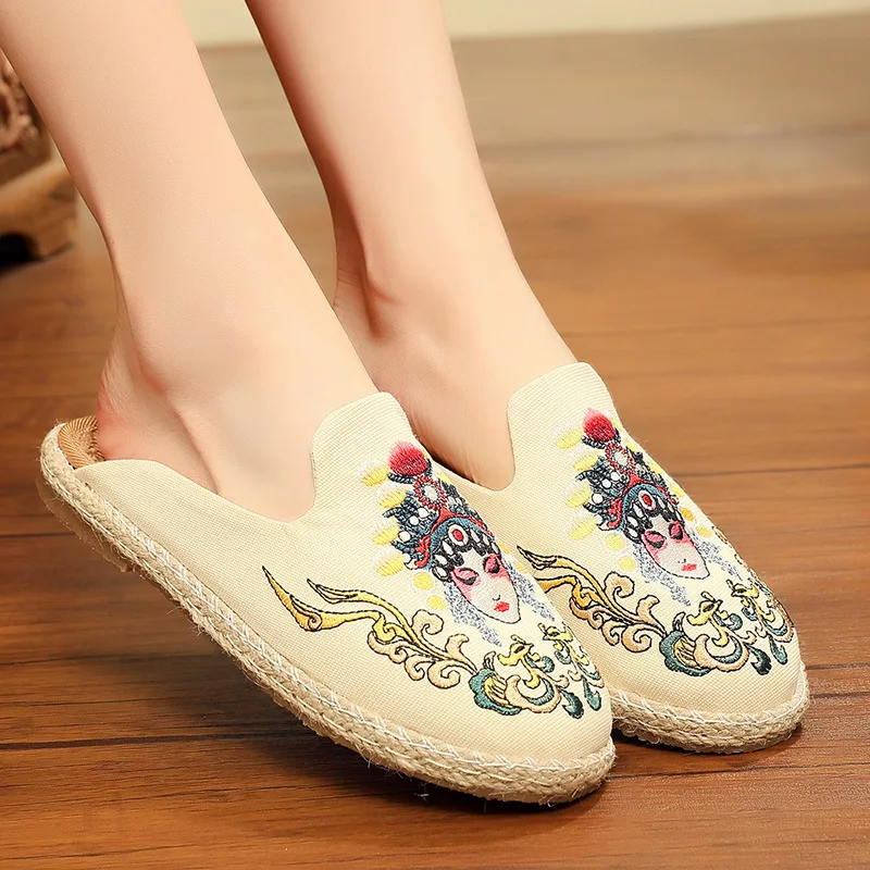 

2021 Women Canvas Flat Mules Slippers Espadrilles Chic Handmade Embroidered Ladies Comfort Linen Cotton Slide Summer Shoes