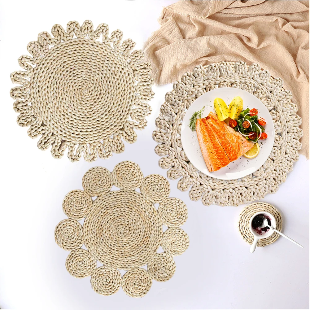 

38cm Round Woven Placemat Heat Resistant Natural Corn Husk Braided Pad Cup Coaster Eco-Friendly Placemat Heat Insulation Pad