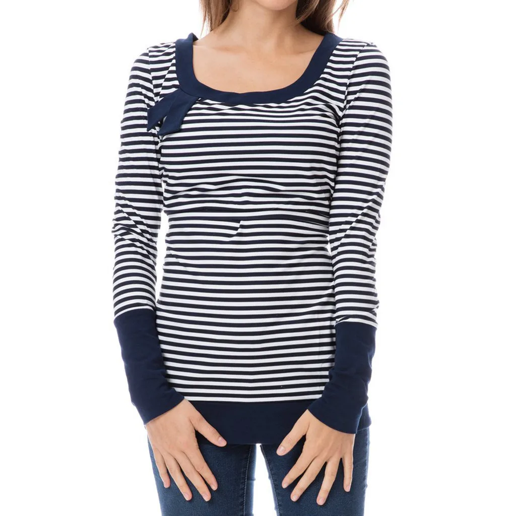 Новая модная женская блузка для кормления с круглым вырезом и полосатым принтом