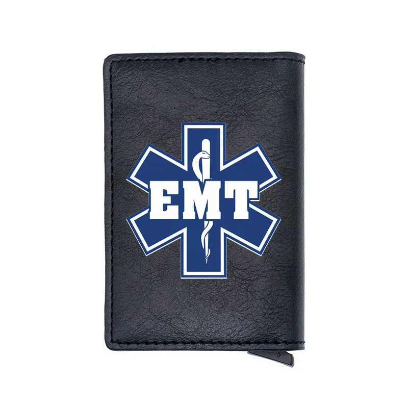 

Blue star of life EMT Card Holder Wallet Classic Men Women Leather Rfid Aluminum Short Purse