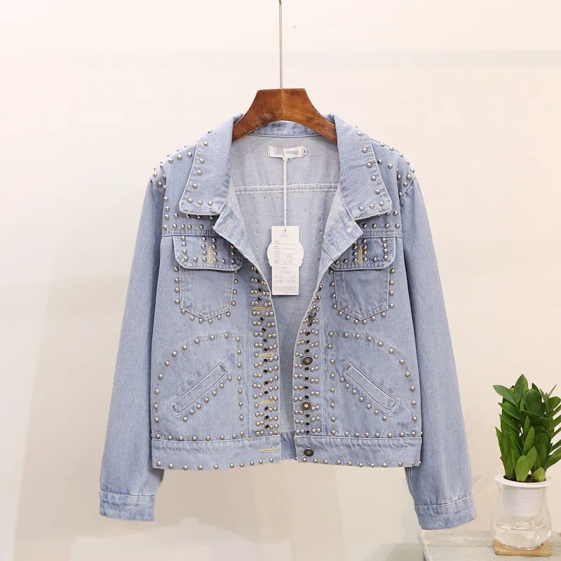 Корейская Модная Джинсовая куртка с заклепками для женщин свободная короткая