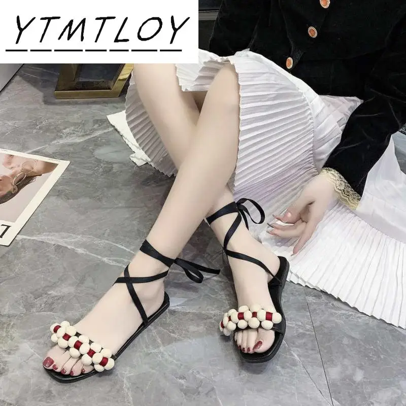 Сандалии женские на плоской подошве тонкие босоножки с ремешком щиколотке