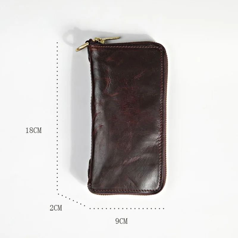 AETOO Long leather wallet made of hand-made vegetable tanning long for men pleated pure copper zipper |