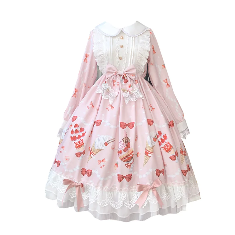 Милое женское платье принцессы с принтом клубники и десертов кружевное в стиле