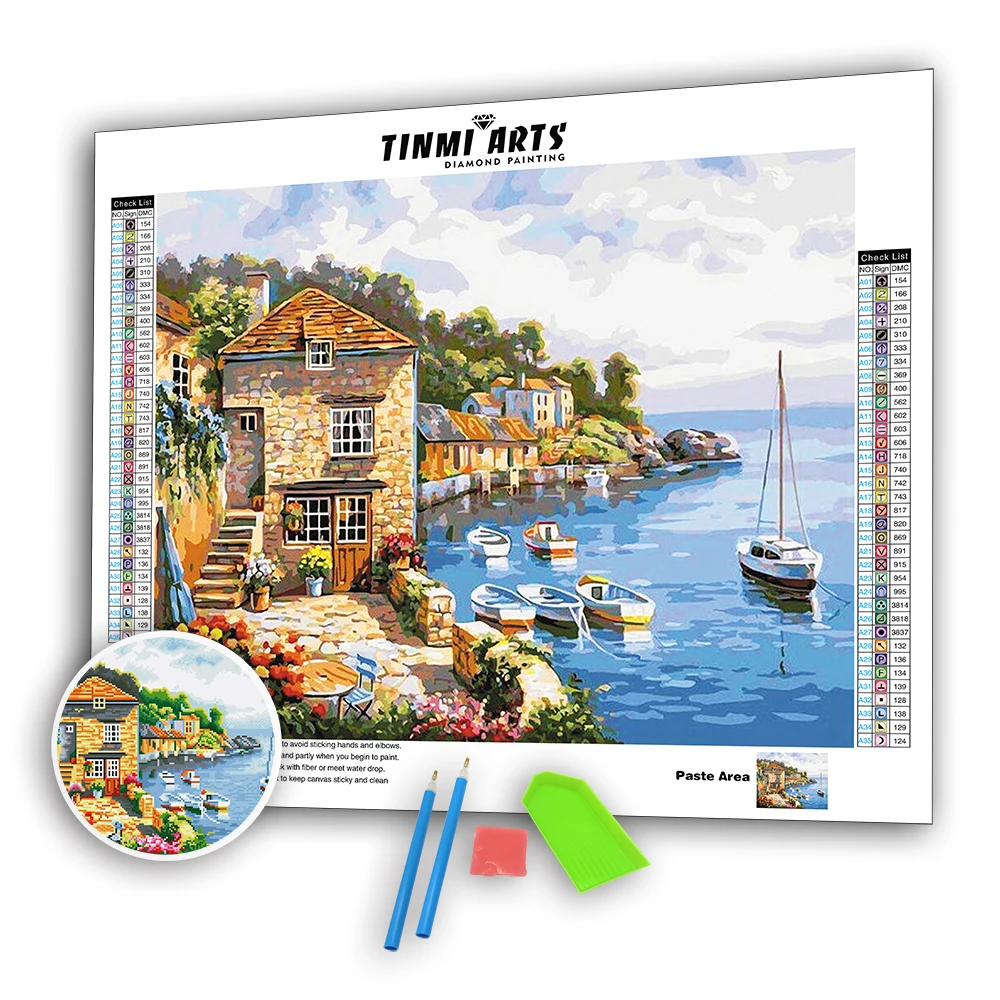 

5D DIY Poured Glue Diamond Painting Full Round Square Drill Seascape House Mosaic Landscape Embroidery Decoration Home