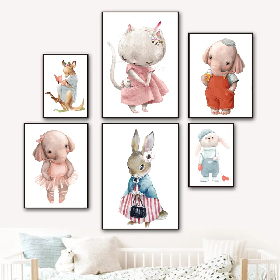

Elephant Rabbit Balloon Cat Mouse Kangaroo Flower Hat Wall Art Canvas Painting Nordic Posters And Prints Wall Pictures Kids Room