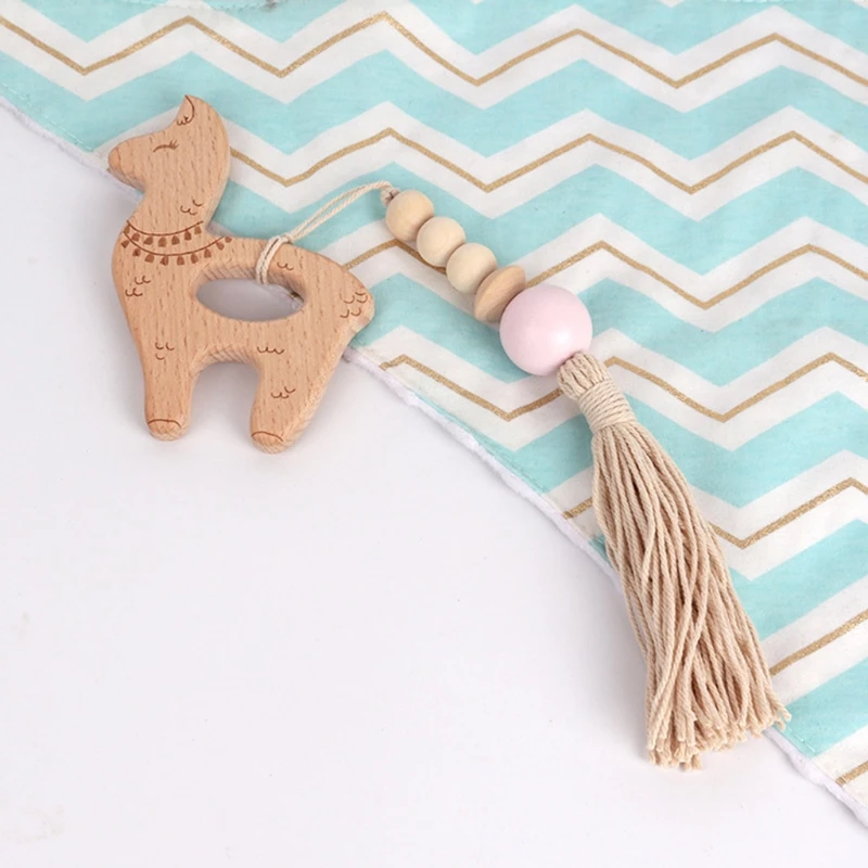 

Baby Beech Wooden Teether Rattle with Beads Tassel Infant Teething Soother Molar A2UB