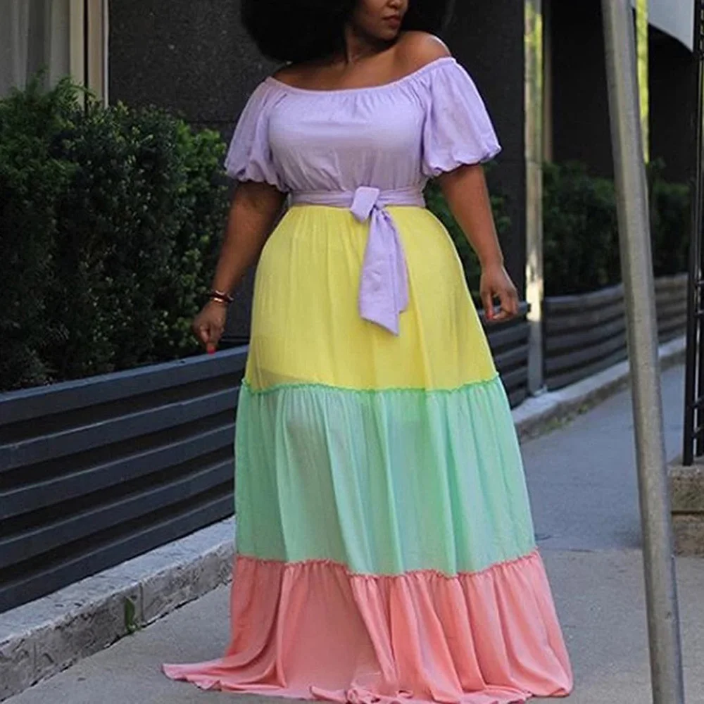 

African Dress For Women Fashion New African Patchwork Slash Neck Floor Length A Line High Waist 2020 Summer Evening Party Long