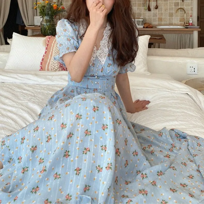 Винтажное кружевное платье-миди с пышными рукавами летнее женское повседневное