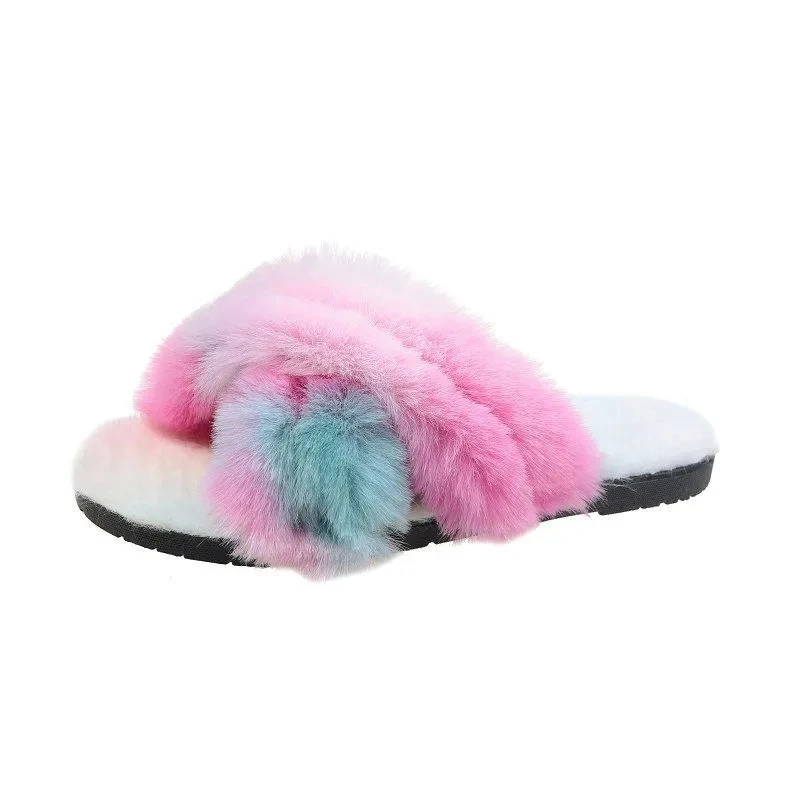

Fur Furry Slide Sweet Slip On Flats Beach Female Sandals Colorful Plush Slippers Women Home Slippers Outside Shoes Faux Fur Flat
