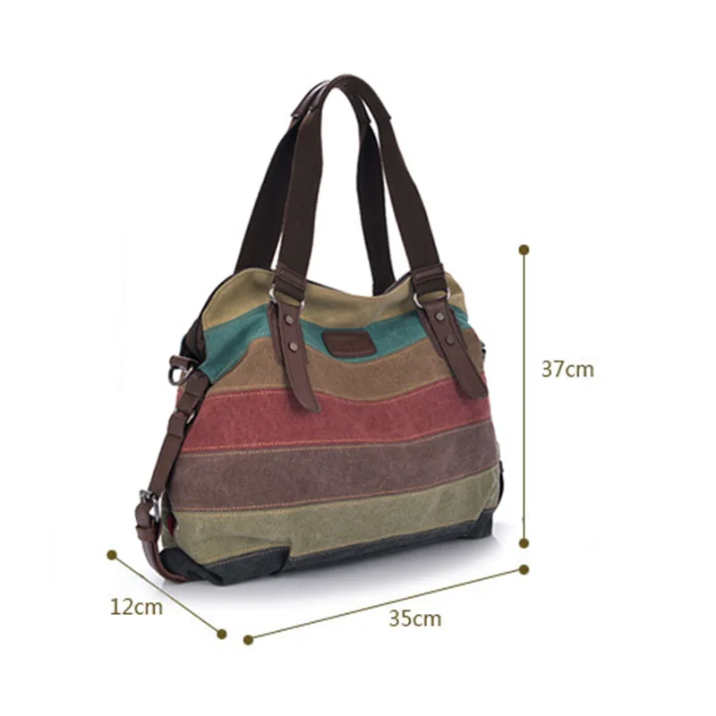 

Fashion Hot Women Handbag Panelled Canvas Lady Tote Large Capacity Shoulder Bag Rainbow Stripe Handle Bag Shopping Tote