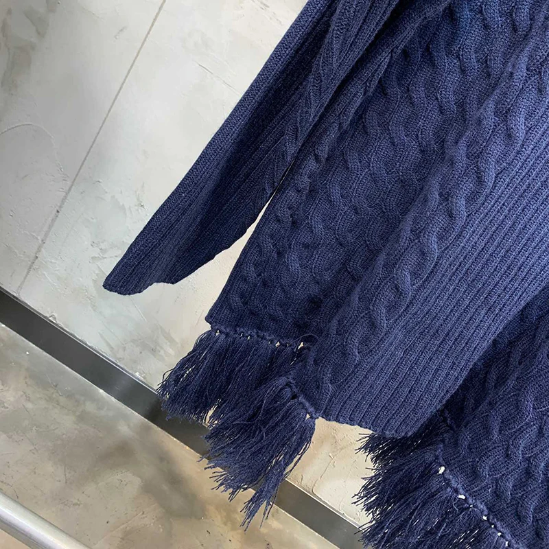 

TWOTWINSTYLE Patchwork Tassel Knitting Sweater For Female Turtleneck Long Sleeve Blue Striped Loose Pullovers Women 2020 Clothes