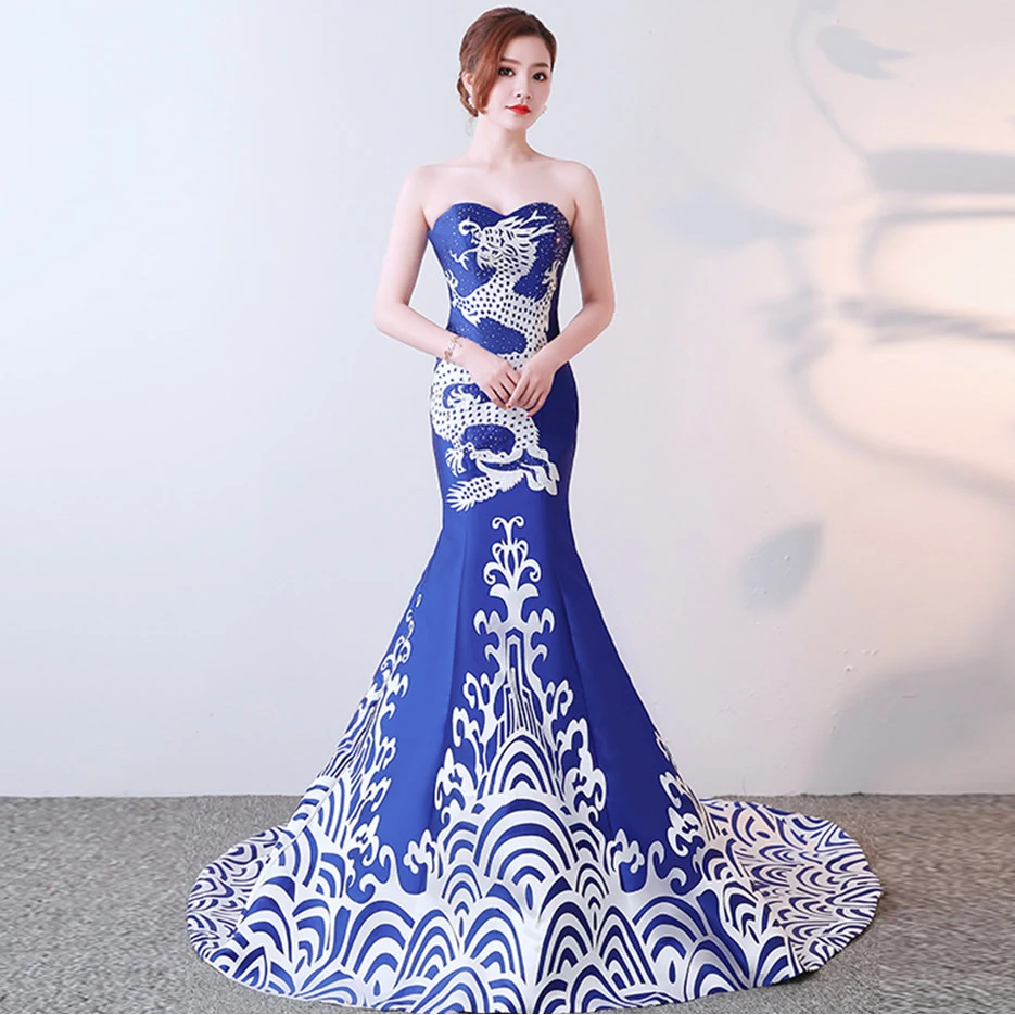 Традиционное китайское свадебное платье Ципао синего и белого цвета женское