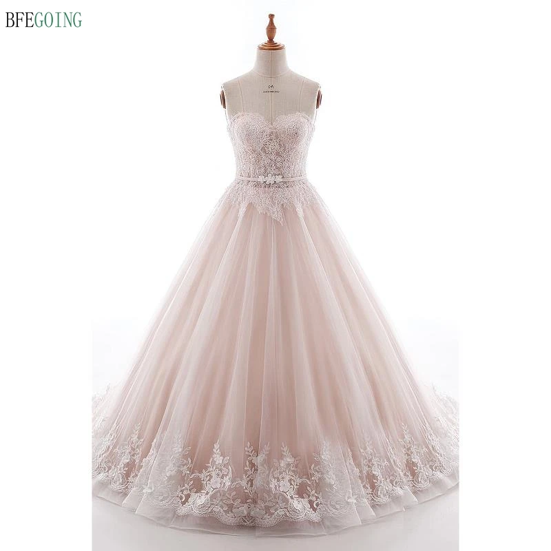 

Розовое Тюлевое кружевное бальное платье без бретелек в пол свадебное платье со шлейфом для часовни на заказ