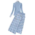 2020 осенний Топ, брендовый дизайнерский женский свитер, юбка, комплект из двух предметов, Зимний вязаный Топ с высоким воротом + костюм с юбкой в клетку, комплекты