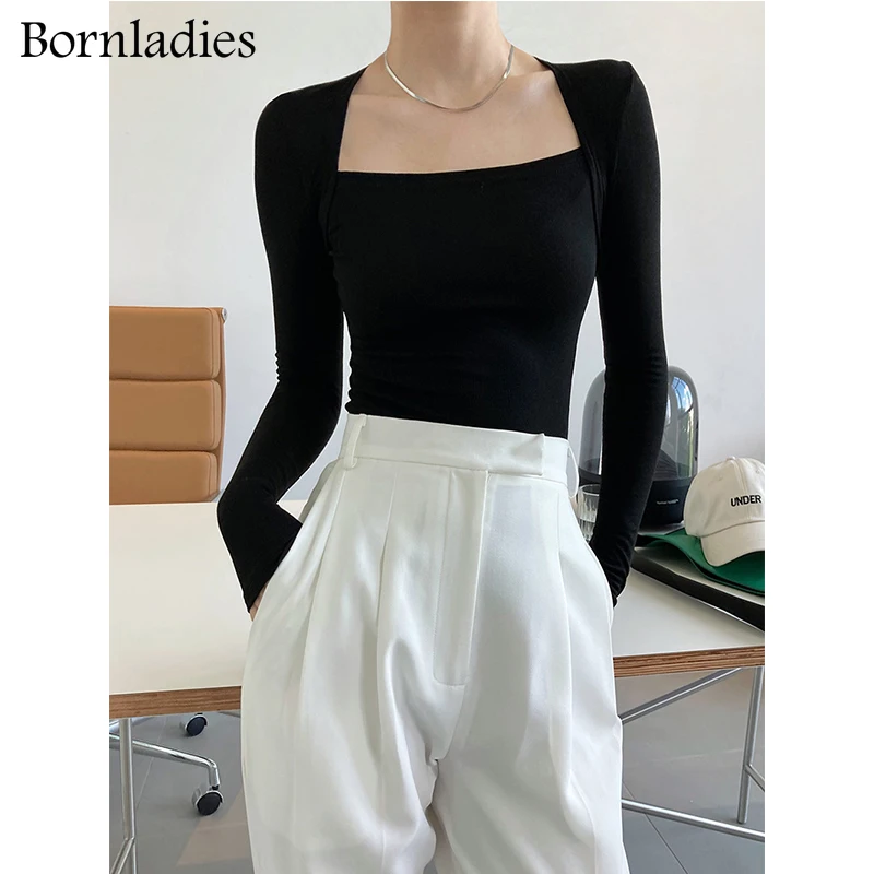

Bornladies Summer Autumn Fake Two-piece Female Green T Shirts Casual Skinny Bodycone Tees Women Sexy Cotton Long Sleeve T Shirts