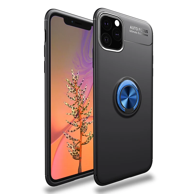 Black and Blue Для iPhone 11 Pro Max чехол для телефона металлический палец кольцо матовый мягкий термополиуретан силиконовый задняя крышка для iPhone 11 противоударный жесткий чехол для телефона - Цвет: Black and Blue