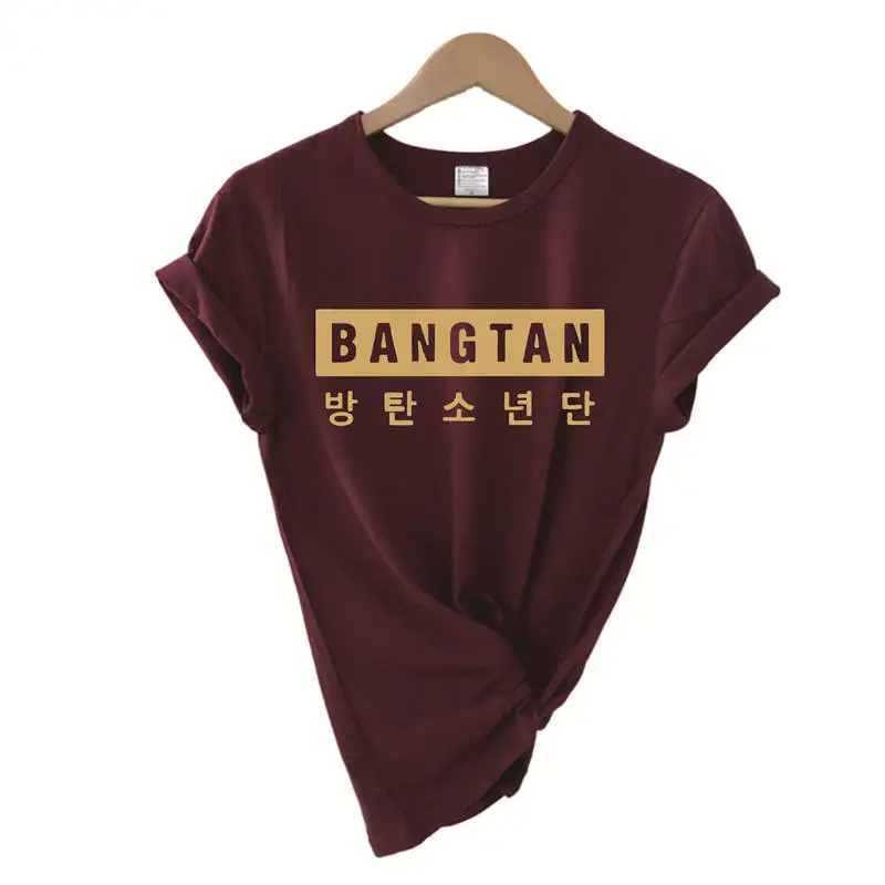 В стиле группы Bangtan Boys 방letter Letter Письмо печати Харадзюку Kpop корейский стиль Женская футболка мода короткий рукав хлопок женские летние топы - Цвет: red wine t gold