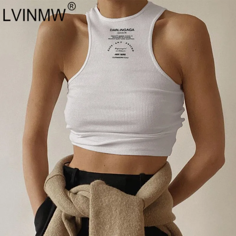 

Женский топ без рукавов LVINMW, повседневный простой укороченный топ в рубчик с круглым вырезом и буквенным принтом, однотонный базовый тонкий...