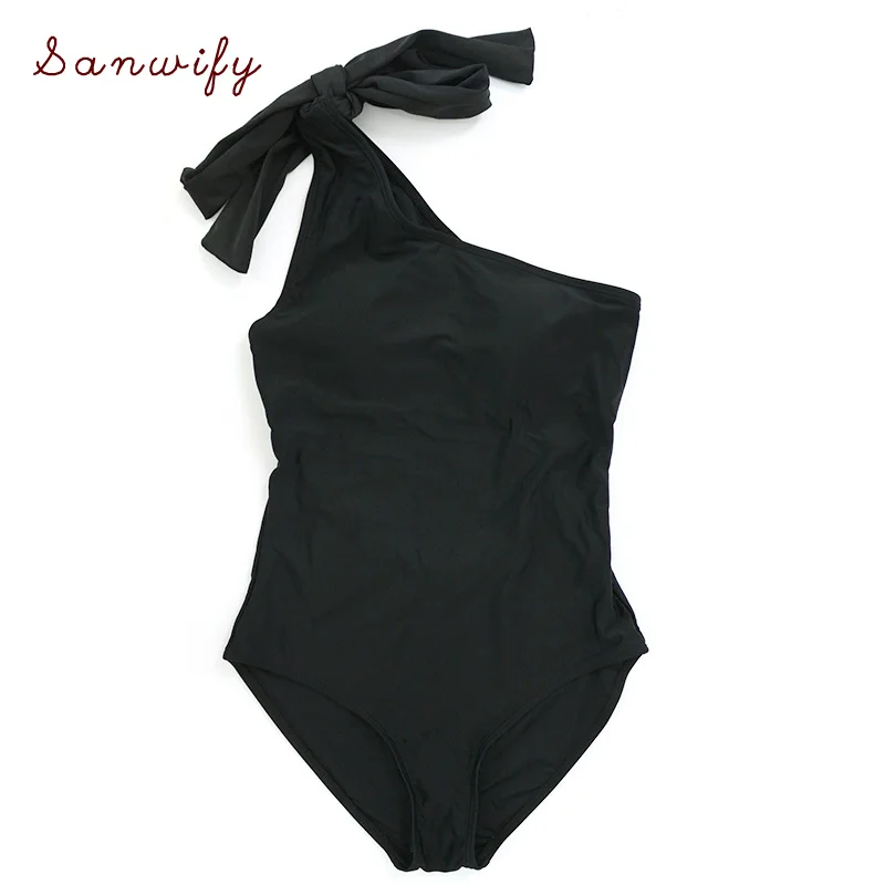 

Sexy Black Bandage Bow Knot Shoulder Swim Bathing Suit Plus Size Swimwear Women Piece Swimsuit