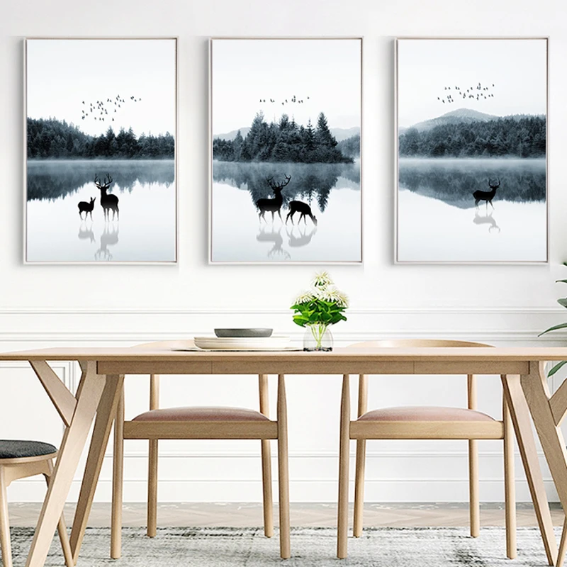Холст плаката печати живописи "Северное оформление" с изображением семьи оленей в лесном пейзаже для украшения гостиной домашнего офиса - 2-34 дюйма.