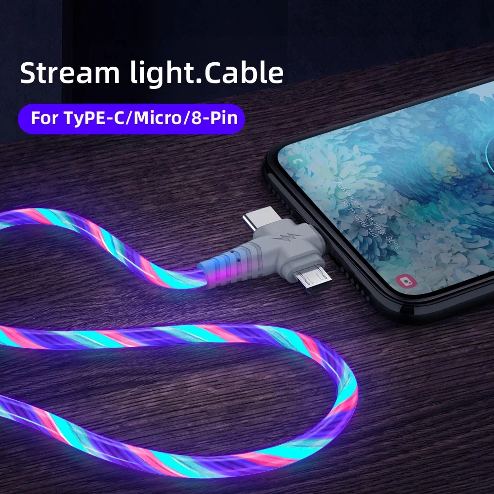 

3 in 1 Charging Cable Flowing Light up Data Cord Fast Charging Line with Micro USB & Type-C Connector for iPhone for Huawei