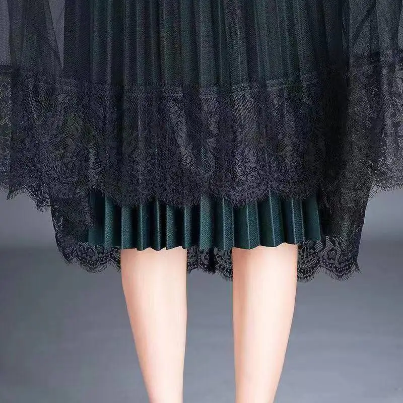 

Two-sided skirt, large size high waist lace pleated skirt in autumn and winter, mid-length thin mesh skirt
