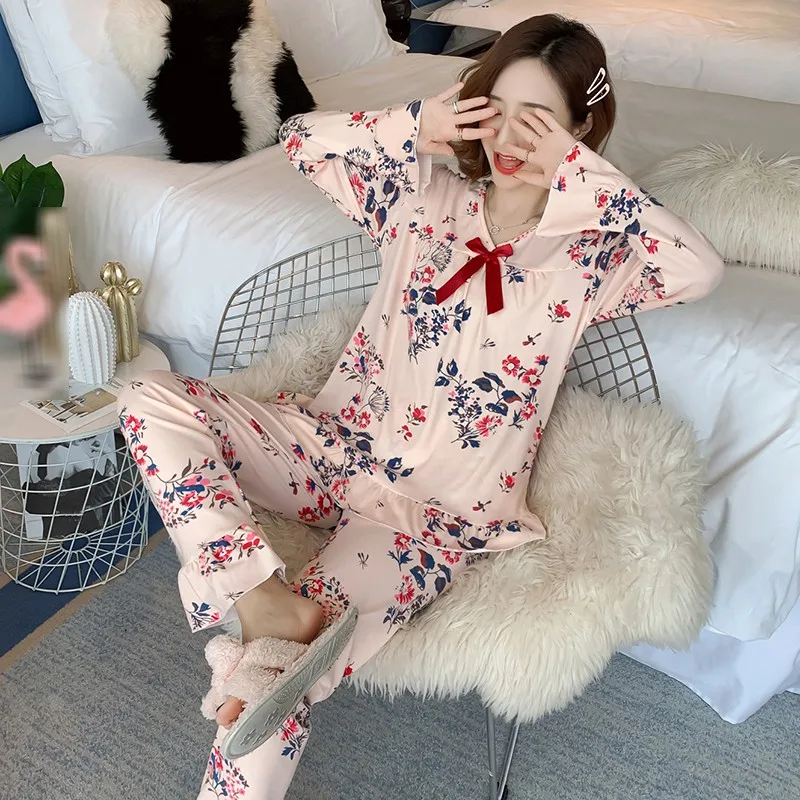 

Autumn Women Pajamas Sets Flower Print Bow Luxury Female Silk Shirts Pants Nightwear Sleepwear Pijama Mujer