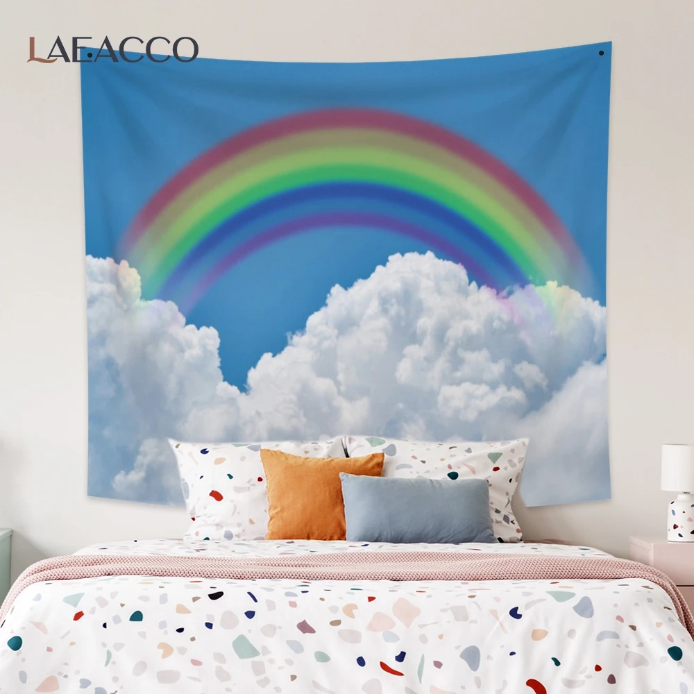 

Laeacco Blue Sky White Clouds Rainbow Children Bedroom Decor Printed Tapestry Fashion Blanket Wall Hangings Home Decor Polyester