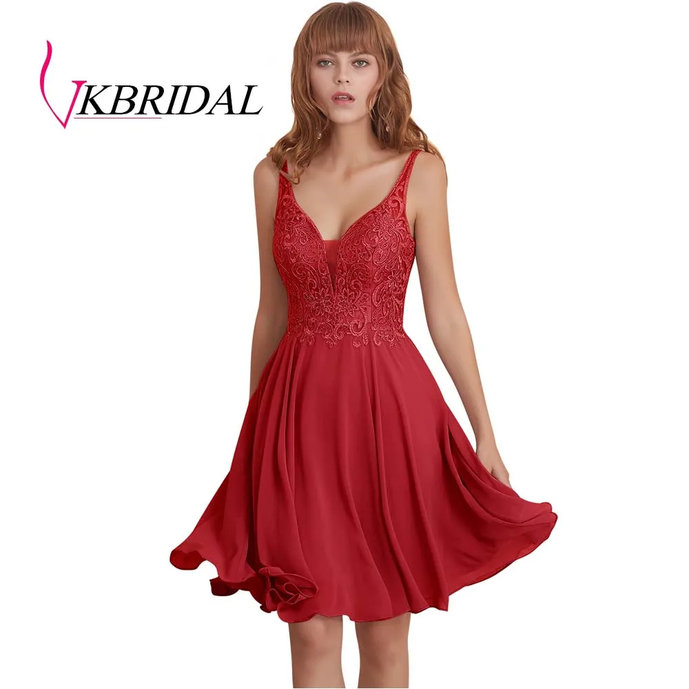 Красный VKBRIDAL сексуальные короткие платья для выпускного вечера с открытой спиной шифоновые аппликационные кружева с бисером милые платья для выпускного вечера - Цвет: Красный