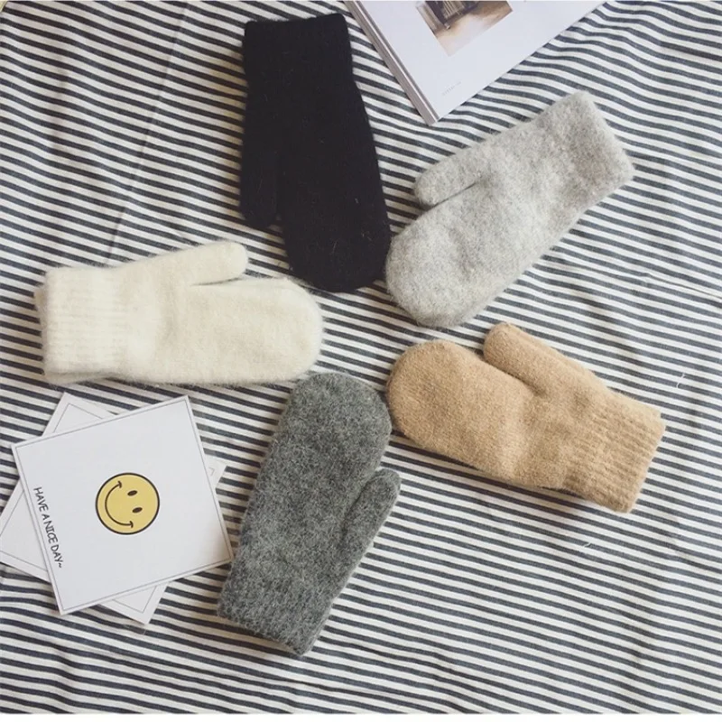 

New Women Winter Keep Warm Plus Cashmere Solid Elasticity Soft Full Fingers Mittens Gloves Imitation Rabbit Fur Knitted Cute